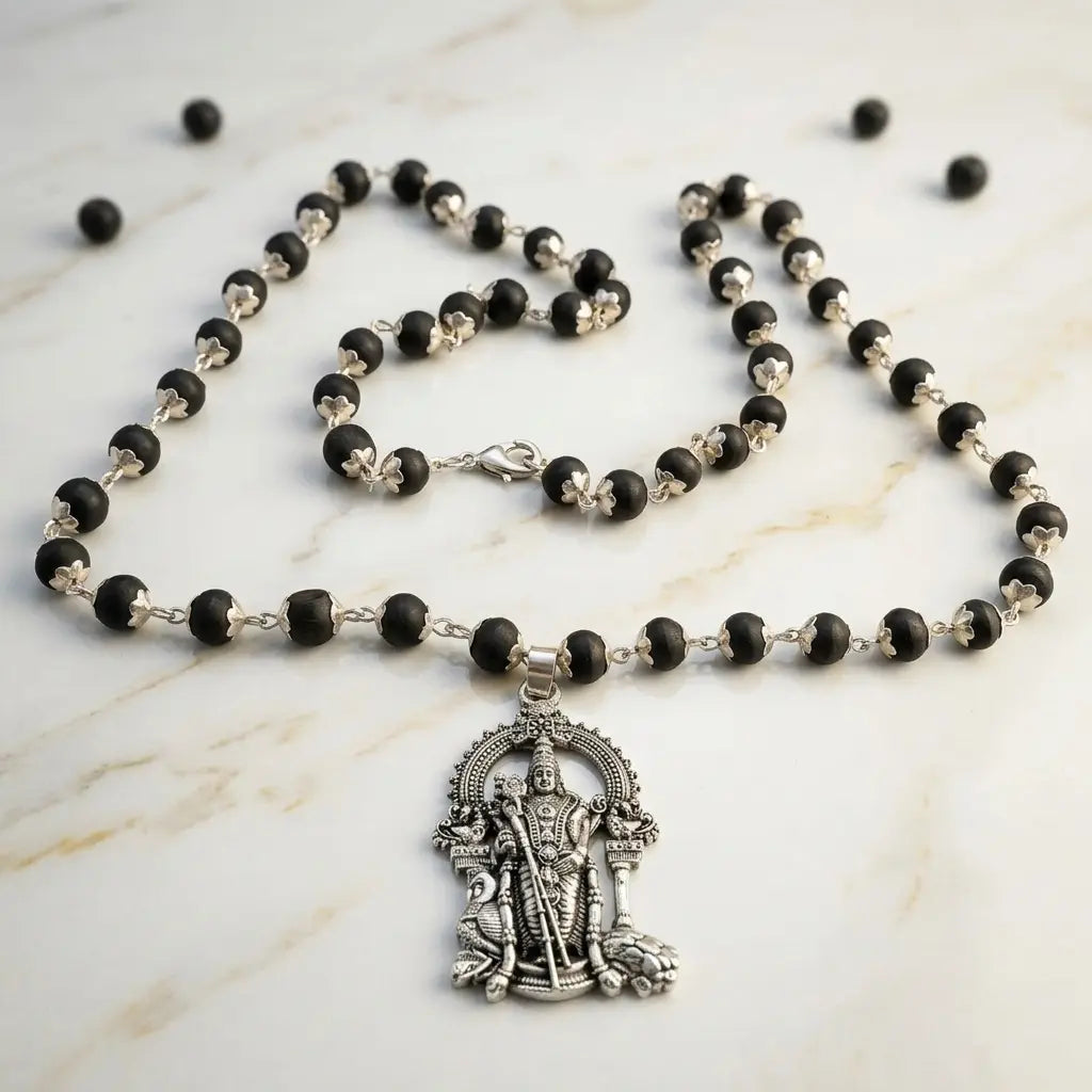 Karungali Mala with Silver Murugan Pendant | Sacred & Spiritually Pure